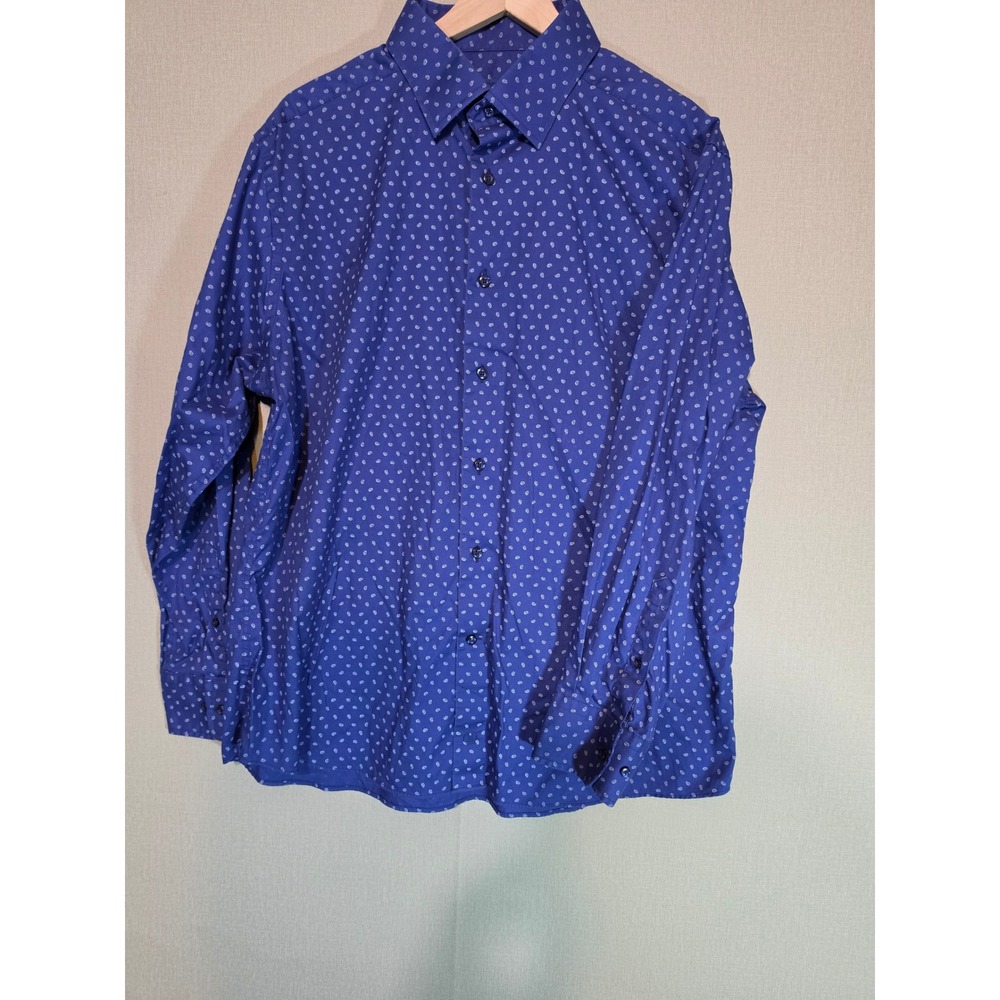 David Donahue Mens 18 34/35 Trim Fit Dress Shirt Blue Micro Paisley Cotton L/S